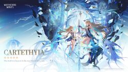 2girls bare_legs bare_shoulders barefoot black_dress blonde_hair breasts cartethyia_(wuthering_waves) character_name closed_eyes commentary crown_of_thorns dress earrings english_commentary english_text feet fleurdelys_(wuthering_waves) highres horns imperator_(wuthering_waves) jewelry large_breasts legs logo long_hair medium_breasts multiple_girls official_art pointy_ears sandals single_horn tabard toes very_long_hair white_tabard wuthering_waves yellow_horns