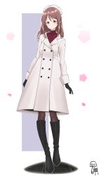 1girl absurdres beret black_boots black_gloves boots brown_hair brown_pantyhose buttons closed_mouth coat double-breasted full_body gloves hat highres idolmaster idolmaster_cinderella_girls knee_boots long_hair long_sleeves looking_at_viewer mifune_miyu motodouryou pantyhose red_eyes red_sweater ribbed_sweater smile solo sweater turtleneck turtleneck_sweater white_background white_coat white_hat