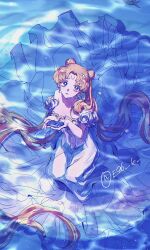 1girl bishoujo_senshi_sailor_moon blonde_hair blue_eyes breasts cleavage commentary crescent crescent_facial_mark double_bun dress ere_(1231_kuro_96) facial_mark from_above hair_bun hair_ornament highres holding_water long_hair medium_breasts off-shoulder_dress off_shoulder parted_lips princess_serenity puffy_short_sleeves puffy_sleeves seiza short_sleeves sitting solo symbol-only_commentary tsukino_usagi twintails twitter_username very_long_hair water wet wet_clothes wet_dress white_dress