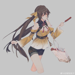 1girl absurdres bag bare_shoulders black_shorts breasts brown_hair chinese_clothes chinese_commentary cleavage closed_mouth commentary_request cropped_legs detached_sleeves feet_out_of_frame food grey_background hair_between_eyes highres holding holding_food holding_skewer honkai:_star_rail honkai_(series) long_hair long_sleeves medium_breasts neck_ribbon ribbon shirt shopping_bag shorts shu_kunkuokuozi simple_background skewer solo standing sushang_(honkai:_star_rail) tassel twintails walking yellow_eyes yellow_ribbon yellow_shirt yellow_sleeves
