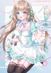 1girl black_thighhighs blonde_hair blue_eyes blush bow bowtie breasts cleavage collar detached_collar dress food frills garter_straps green_dress hair_between_eyes hair_bow hair_ornament highres holding holding_tray kohinata_hoshimi large_breasts long_hair looking_at_viewer maid maid_headdress medium_breasts open_mouth original parfait short_sleeves skirt smile solo spoon thighhighs tray very_long_hair white_dress wrist_cuffs