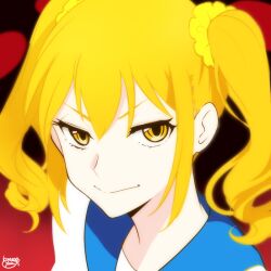1girl blonde_hair headshot kisaragi_yuu_(fallen_sky) looking_at_viewer panty_&amp;_stocking_with_garterbelt parody poptepipic popuko school_uniform smile style_parody twintails yellow_eyes