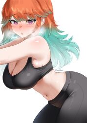1girl absurdres aqua_hair black_pants black_sports_bra blush breasts breath cleavage gradient_hair helldeer highres hololive hololive_english large_breasts leaning_forward midriff multicolored_hair navel orange_hair pants parted_lips purple_eyes simple_background solo sports_bra stomach takanashi_kiara virtual_youtuber white_background yoga_pants