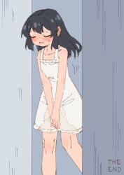 1girl absurdres between_legs black_hair blush closed_eyes collarbone commentary_request dress embarrassed flat_chest hand_between_legs have_to_pee highres large_variant_set long_hair open_mouth original pee_stain peed_self rune_(dualhart) solo variant_set white_dress