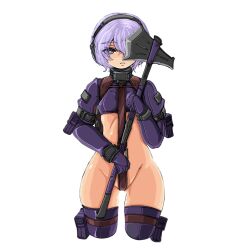 1girl arm_pouch arm_strap axe breasts crop_top crotch_strap doekuramori eyebrows female_focus gloves gluteal_fold hair_between_eyes headgear holding holding_axe holding_weapon looking_at_viewer martyr_(the_citadel) matching_hair/eyes official_art one_eye_covered open_mouth pouch purple_eyes purple_gloves purple_hair short_hair small_breasts solo solo_focus teeth the_citadel thigh_pouch thigh_strap thighhighs transparent_background weapon