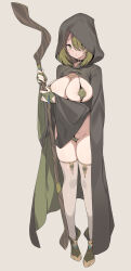 1girl black_choker blade_(galaxist) breasts choker cloak commentary_request green_bridal_gauntlets green_cloak green_eyes green_footwear green_hair green_hood highres holding holding_staff hood hood_up hooded_cloak large_breasts leaf_clothing light_brown_background long_sleeves looking_at_viewer mage_staff original paid_reward_available revealing_clothes simple_background solo staff standing thighhighs thighs wide_sleeves