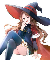 1girl :d black_dress black_hat black_thighhighs blue_skirt brown_eyes brown_hair cape character_request commentary_request crossed_legs dress feet_out_of_frame frilled_cape frilled_skirt frills hand_to_own_mouth hand_up hat long_hair long_sleeves open_mouth parted_bangs puffy_long_sleeves puffy_sleeves red_cape simple_background skirt smile solo thighhighs very_long_hair white_background witch_hat yomogi_komegura yuusha_party_wo_oidasareta_kiyoubinbou
