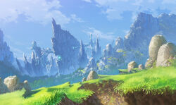blue_sky cliff cloud cloudy_sky day fantasy field grass landscape mountain mountainous_horizon nature no_humans original outdoors path road rock scenery sky tree yamakou_(yamakou_e2)