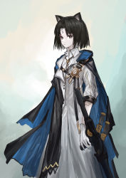 1girl absurdres animal_ears arknights black_eyes black_hair cape cat_ears coat cosplay cowboy_shot gloves highres looking_at_viewer mandragora_(arknights) passenger_(arknights) passenger_(arknights)_(cosplay) short_hair short_sleeves solo standing white_coat white_gloves yitai_zhi_meng