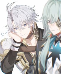 2boys anaxa_(honkai:_star_rail) aqua_hair blue_eyes closed_mouth eyepatch fz7047 grey_hair hair_between_eyes highres honkai:_star_rail honkai_(series) looking_at_another male_focus multiple_boys one_eye_covered phainon_(honkai:_star_rail) pink_pupils short_hair simple_background smile solo upper_body white_background