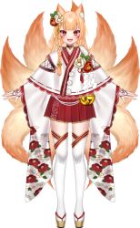 1girl :3 animal_ears bell blush bond_en bondlive braid bridal_gauntlets colored_eyelashes eyeshadow floral_print flower fox_ears fox_girl fox_tail full_body hair_flower hair_ornament jingle_bell long_hair looking_at_viewer makeup miyoko_kurashi multiple_tails official_art okobo open_mouth orange_hair platform_sandals pleated_skirt red_eyes red_eyeshadow red_flower red_skirt sandals shoes simple_background skirt solo standing tail tassel thighhighs tongue transparent_background virtual_youtuber white_flower white_thighhighs wide_sleeves yellow_shoes