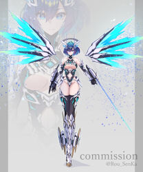 1girl armor armored_boots bare_shoulders black_thighhighs blue_eyes blue_hair boots breasts center_opening cleavage cleavage_cutout clothing_cutout commission elbow_gloves energy_wings full_body gauntlets gloves hair_between_eyes halo headgear highleg highleg_leotard highres holding holding_sword holding_weapon large_breasts leotard looking_at_viewer mecha_musume mechanical_wings multicolored_hair navel navel_cutout original pillarboxed rou_senka short_hair skeb_commission solo stomach_cutout sword thighhighs thighs twitter_username underboob weapon wings zoom_layer