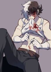 1boy absurdres belt belt_buckle black_hair black_jack_(character) black_jack_(series) black_pants blood blood_on_clothes blood_on_face buckle clothes_in_mouth clothes_lift collarbone furrowed_brow gloves hair_over_one_eye highres holding holding_needle injury lifting_own_clothes looking_down male_focus mouth_hold multicolored_hair needle pants patchwork_skin red_eyes scar scar_on_arm scar_on_face scar_on_stomach sewing_needle shirt_in_mouth shirt_lift short_hair sideburns simple_background sitting solo split-color_hair stitches stitching surgery sweat tank_top thread tian_niunai_hezi two-tone_hair underpec white_gloves white_hair white_tank_top