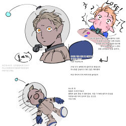 1boy ^^^ arrow_(symbol) backpack bad_tag bag big_nose blue_gloves buttons closed_mouth defeat flat_color forehead furrowed_brow gloves helmet highres humanization korean_text louie_(pikmin) lying male_focus messy_hair multiple_views nintendo on_back pikmin_(series) pointy_ears radio_antenna short_hair simple_background space_helmet spacesuit speech_bubble surprised translation_request unamused unusually_open_eyes very_short_hair whistle white_background yellow_eyes yu_pikmin
