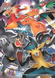 antennae blaziken boxing_ring claws dragonite extra_arms fighting fire furry gen_1_pokemon gen_3_pokemon gen_4_pokemon gen_6_pokemon hawlucha horns jynx kicking lights lucario machamp mega_lucario mega_pokemon nintendo official_art pokemon pokemon_(creature) pokemon_(tcg) pokemon_tcg punching red_eyes single_horn spikes wings wrestling_ring