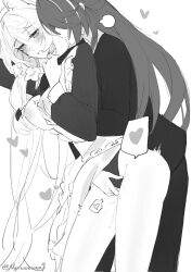 2girls acheron_(honkai:_star_rail) animal_ears apron black_suit black_swan_(honkai:_star_rail) blush breast_hold breasts cat_ears fingering formal_clothes hair_over_eyes heart heavy_breathing highres honkai:_star_rail honkai_(series) leaning_forward long_hair maid monochrome multiple_girls naruuuuuu9 nipples pussy_juice suit sweat twitter_username waist_apron white_apron white_background yuri