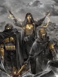 3others anupatten arms_up arnold_(project_moon) black_cape black_gloves black_tunic cape consta_(project_moon) electricity gloves highres holding holding_weapon hood hood_up hooded_cape humanoid_robot junk library_of_ruina mo_(project_moon) multiple_others project_moon robot tunic unused_tire weapon