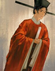 Rule 34 | 1boy, absurdres, black eyes, chinese clothes, closed mouth, fake screenshot, futou, hair slicked back, hanfu, hat, highres, holding, huban, japanese clothes, kariginu, long sleeves, looking at viewer, male focus, original, procreate (medium), short hair, solo, standing, tangyou siyuexiaokeai, tate eboshi, wide sleeves, yuanlingpao