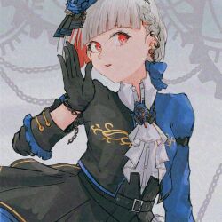 1girl adversarial_noise aoi_(byb_babylon) ascot black_corset black_gloves black_jacket black_skirt blue_jacket chain chain_bracelet collared_shirt colored_inner_hair commentary compass_(love_live!) corset dress_shirt gear_earrings gloves grey_background grey_hair hashtag-only_commentary highres jacket link!_like!_love_live! long_sleeves love_live! multicolored_hair multicolored_jacket official_alternate_costume parted_lips red_eyes red_hair shirt short_hair skirt solo streaked_hair two-tone_jacket upper_body virtual_youtuber white_ascot white_shirt yugiri_tsuzuri