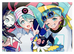 Rule 34 | 1other, 3girls, aqua eyes, aqua hair, arm up, beak, beanie, bird, bird wings, black dress, blush, chatot, closed eyes, closed mouth, collared shirt, dress, eyewear on head, feathered wings, fingerless gloves, gen 4 pokemon, gen 5 pokemon, gloves, green hair, hair between eyes, hair ornament, hat, hatsune miku, headphones, highres, legendary pokemon, long hair, looking at viewer, meloetta, multiple girls, musical note, mythical pokemon, nintendo, normal miku (project voltage), official alternate costume, official alternate hairstyle, one eye closed, open mouth, parrot, poke ball print, poke ball symbol, pokemon, project voltage, psychic miku (project voltage), sheet music, shirt, single glove, smile, sunglasses, suzuno suzuran, teeth, twintails, v, very long hair, vocaloid, white gloves, white shirt, wings