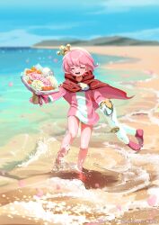 1boy absurdres artist_name barefoot beach birthday boots bouquet cape closed_eyes commentary crown dated falling_petals feet flower full_body gerbera happy highres holding holding_boots holding_bouquet holding_footwear holding_unworn_clothes horizon male_focus mini_crown mittens motimoti_mgmg ocean ocean_prince open_mouth orange_flower petals pink_boots pink_flower pink_hair pink_petals pink_rose pink_tunic puyopuyo puyopuyo_fever_2 red_cape rose salde_canarl_shellbrick_iii shore short_hair smile solo splashing standing star_(symbol) thigh_boots toes tunic twitter_username unworn_boots wading white_flower white_rose yellow_mittens