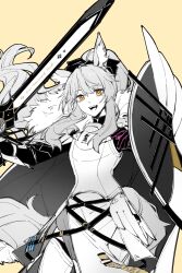 1girl :d animal_ear_fluff animal_ears arknights armor armored_dress blemishine_(arknights) cape character_name chinese_commentary commentary_request cowboy_shot dress floating_hair highres holding holding_shield kingdom_of_kazimierz_logo long_hair looking_at_viewer open_mouth partial_commentary partially_colored piaoliu_ping_ping_ping_pingzi shield sidelocks simple_background smile solo standing strap tail yellow_background yellow_eyes
