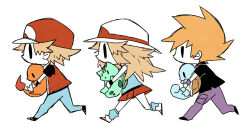 1girl 2boys :o baseball_cap black_eyes black_footwear black_shirt blue_oak blue_pants blue_shirt blue_socks brown_hair bulbasaur cargo_pants charmander chibi collared_shirt commentary creatures_(company) denim determined expressionless flame-tipped_tail from_side full_body game_freak gen_1_pokemon hat holding holding_pokemon jacket jeans kneehighs leaf_(pokemon) long_hair mgomurainu miniskirt multiple_boys nintendo no_mouth open_mouth pants pokemon pokemon_(creature) pokemon_frlg red_(pokemon) red_headwear red_jacket red_skirt running shirt shoes short_hair short_sleeves skirt sleeveless sleeveless_shirt socks solid_oval_eyes spiked_hair squirtle sun_hat white_background white_footwear white_headwear