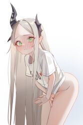1girl absurdres asymmetrical_horns black_horns blush bottomless closed_mouth covering_crotch covering_privates cut-here_line ear_blush from_side goddess_of_victory:_nikke green_eyes grey_hair highres holypotato0 horns leaning_forward leviathan_(nikke) long_hair looking_at_viewer looking_to_the_side pointy_ears shirt short_sleeves solo twitter_cutting_game uneven_horns very_long_hair white_background white_shirt