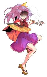 1girl dairi full_body geta hand_fan high_ponytail holding holding_fan holding_smoking_pipe japanese_clothes kimono komakusa_sannyo ponytail purple_hair purple_skirt red_kimono skirt smoking_pipe solo tachi-e touhou unconnected_marketeers