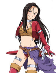 1girl aira_(dq7) black_eyes black_hair breasts dragon_quest dragon_quest_vii earrings female_focus gloves jewelry kageoi long_hair looking_at_viewer medium_breasts smile solo standing thighhighs