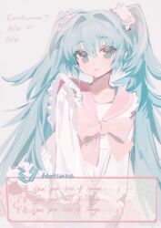 1girl absurdres ahoge aqua_eyes aqua_hair artist_name character_name chinese_commentary closed_mouth commentary_request dialogue_box dialogue_options english_text grey_background hatsune_miku hatsune_miku_(lollipop) highres light_smile lol_-lots_of_laugh-_(vocaloid) looking_at_viewer lyrics pink_ribbon pink_sailor_collar ribbon rumoon sailor_collar solo twintails vocaloid watermark weibo_watermark