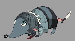 absurdres animal animal_focus animalization archived_source clothed_animal commentary drawfag english_commentary full_body grey_background grey_eyes grey_hair grey_jacket hair_intakes highres holding holding_with_tail jacket jane_doe_(zenless_zone_zero) jerma985 knife mouse_(animal) no_humans prehensile_tail rat_movie simple_background tail the_giant_rat_(jerma985) zenless_zone_zero