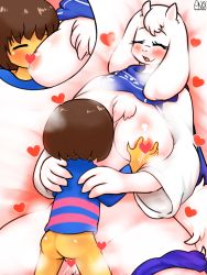 brown_hair censored censored_nipples closed_eyes frisk_(undertale) furry hetero highres sex shota toriel undertale wonkake