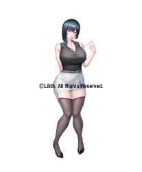 1girl :&gt; bob_cut breasts casual cleavage copyright_name curvy earrings full_body garter_straps highres huge_breasts jewelry lilith-soft lips looking_at_viewer ryuuzen_tomoko shiny_skin short_hair sian skirt smile solo taimanin_(series) taimanin_rpgx wide_hips