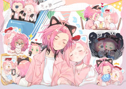 Rule 34 | 1boy, 1girl, ^ ^, absurdres, against glass, animal ears, antenna hair, arm grab, bead bracelet, beads, biting, black hair, bob cut, bow, bracelet, cat ears, chibi, closed eyes, collared shirt, colored tips, cotton candy, couple, drinking straw, eating, facing viewer, fake animal ears, food, green eyes, hair bow, hair over one eye, hairband, haunted house (attraction), head tilt, heads together, heart, hetero, highres, holding, holding cotton candy, holding food, holding phone, jacket, jewelry, jitome, leaning on person, leaning to the side, long sleeves, looking at another, looking up, matching outfits, medium hair, motion blur, multicolored hair, multiple views, nanatsumori minoru, necklace, open clothes, open shirt, paki2000, paw pose, pendant, phone, pink hair, pink shirt, protagonist (tokimemo gs4), red bow, roller coaster, scared, shared drink, shirt, short hair, side-by-side, sitting, sleeping, sleeping on person, sleeping upright, star (symbol), star necklace, streaked hair, stuffed animal, stuffed lion, stuffed toy, t-shirt, table, taking picture, tokimeki memorial, tokimeki memorial girl&#039;s side, tokimeki memorial girl&#039;s side 4th heart, trembling, undershirt, white jacket, wig, yellow eyes, zzz