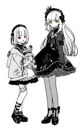 1boy 1girl animal_hood apron bow center_frills chest_harness cleavage_cutout clothing_cutout collared_dress crossdressing crown dress fishnet_socks fishnets flower frilled_dress frilled_hairband frills gothic_lolita green_eyes greyscale hairband harness heart_cutout height_difference high_heels highres holding holding_stuffed_toy hood hood_down hooded_jacket jacket juliet_sleeves leg_ribbon lolita_fashion long_hair long_sleeves mado_(mado83893768) maid_headdress makaino_ririmu makaino_ririmu_(5th_costume) monochrome nijisanji official_alternate_costume pantyhose petticoat pink_eyes puffy_sleeves rabbit_hood ribbon rose shoes short_hair smile socks spot_color strappy_heels stuffed_animal stuffed_rabbit stuffed_toy thigh_strap trap uzuki_kou uzuki_kou_(4th_costume) virtual_youtuber waist_apron
