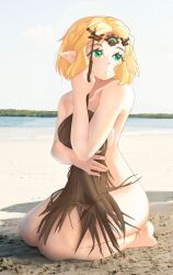 Rule 34 | 1girl, barefoot, beach, blonde hair, braid, covering privates, croissantjpeg, crown, crown braid, full body, green eyes, highres, holding, holding leaf, kneeling, leaf, nintendo, nude, nude cover, pointy ears, princess zelda, seiza, short hair, sitting, the legend of zelda, the legend of zelda: tears of the kingdom