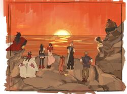3girls 5boys aerith_gainsborough animal animal_on_head arms_behind_back barret_wallace black_gloves black_hair black_pants black_skirt black_thighhighs blonde_hair blue_jacket braid braided_ponytail brown_footwear brown_vest buster_sword cait_sith_(final_fantasy) cape cat cat_on_head cid_highwind cloak cloud_strife crown dark-skinned_male dark_skin dress elbow_gloves everyone final_fantasy final_fantasy_vii final_fantasy_vii_rebirth final_fantasy_vii_remake flame-tipped_tail gloves green_pants green_shirt hair_ribbon highres holding holding_staff jacket lentymet long_dress long_hair low-tied_long_hair mini_crown miniskirt moogle multiple_boys multiple_girls on_head orange_fur pants pink_dress pink_ribbon red_cape red_cloak red_footwear red_hair red_jacket red_xiii ribbon shirt short_hair shorts single_braid sitting sketch skirt sleeves_rolled_up spiked_hair staff standing sunset thighhighs tifa_lockhart very_short_hair vest vincent_valentine weapon weapon_on_back white_gloves white_shirt yuffie_kisaragi
