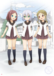 3girls absurdres black_socks blonde_hair blue_eyes blush breasts brown_eyes brown_hair closed_mouth dezaki_takane full_body glasses green_eyes highres ikeda_chizuru koyama_haruka long_hair looking_at_another multiple_girls nanamori_school_uniform nao_suke open_mouth outdoors school_uniform short_hair sky small_breasts smile socks white_hair yuru_yuri