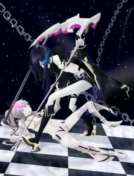 Rule 34 | 2girls, belt, bikini, bikini top only, black hair, black rock shooter, black rock shooter (character), black rock shooter (game), black shorts, black vs white, blue fire, boots, chain, checkered floor, fire, flaming eye, glowing, glowing eye, high heels, highres, long hair, multiple girls, ouru (syuzyaku), pale skin, pink fire, scythe, shorts, stella (black rock shooter), swimsuit, sword, twintails, uneven twintails, weapon, white bikini, white hair, white rock shooter, white shorts