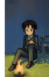 Rule 34 | 1girl, absurdres, black jacket, brown eyes, brown hair, campfire, collared shirt, hermes (kino no tabi), highres, jacket, kino (kino no tabi), kino no tabi, kornod, long sleeves, motor vehicle, motorcycle, shirt, solo, white shirt