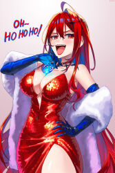 1girl absurdres blue_gloves breasts cahryos cleavage dress elizabeth_rose_bloodflame feather_boa gloves highres hololive hololive_english large_breasts laughing looking_at_viewer ojou-sama_pose red_dress red_eyes red_hair solo virtual_youtuber