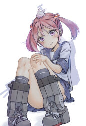1girl absurdres animal animal_on_head black_socks blue_sailor_collar blue_skirt blush convenient_leg hair_bobbles hair_ornament highres kangoku_kou kantai_collection kneehighs looking_at_viewer on_head pink_eyes pink_hair pleated_skirt rabbit rabbit_on_head sailor_collar sazanami_(kancolle) school_uniform serafuku short_sleeves short_twintails simple_background sitting skirt smile socks solo twintails white_background