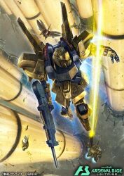 Rule 34 | aeug, aiming, artist request, bandai, battle, beam rifle, cable, chasing, company name, copyright name, copyright notice, damaged, debris, duel, energy, energy beam, energy gun, firing, gundam, holding, holding weapon, hyaku shiki, machinery, mecha, mecha focus, mobile suit, neo zeon, no humans, official art, qubeley, realistic, robot, scene reference, science fiction, the o (mobile suit), titans (gundam), weapon, zero gravity, zeta gundam