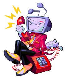1boy ant_tenna black_pants blush_stickers corded_phone crossed_legs deltarune full_body gloves hands_up holding holding_phone jacket lightning_bolt_symbol male_focus necktie pants phone pointy_nose red_jacket shoes simple_background sitting smile solo sorrysap tailcoat white_background white_gloves yellow_necktie yellow_shoes