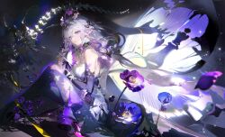 1girl artist_request bare_shoulders black_tiara bone breasts castorice_(honkai:_star_rail) dress flower gloves hair_flower hair_ornament highres honkai:_star_rail honkai_(series) long_hair looking_at_viewer medium_breasts official_art pointy_ears purple_eyes purple_flower solo spine third-party_source tiara twintails very_long_hair white_dress white_hair