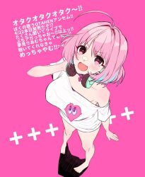 Rule 34 | 1girl, ahoge, aqua hair, barefoot, blush, breasts, collar, commentary request, fang, from above, full body, hair intakes, hand up, headphones, headphones around neck, heart collar, heart on chest, idolmaster, idolmaster cinderella girls, large breasts, looking at viewer, multicolored hair, off shoulder, open mouth, pink background, pink collar, pink eyes, pink hair, shadow, shirt, short hair, short sleeves, simple background, single bare shoulder, smile, solo, standing, t-shirt, translation request, two-tone hair, v-shaped eyebrows, white shirt, woruka, yumemi riamu