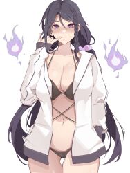 Rule 34 | 1girl, absurdres, bikini, black bikini, black hair, blush, braid, breasts, cleavage, closed mouth, commentary request, fire, front braid, gluteal fold, hair between eyes, hand up, highres, jacket, joonmogoo, korean commentary, large breasts, long hair, low twintails, navel, open clothes, open jacket, original, purple fire, pyrokinesis, simple background, smile, solo, standing, swimsuit, thighs, twintails, white background, white jacket