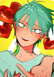 1boy absurdres alien_stage choker commentary_request green_eyes grey_hair heart highres male_focus mixed-language_commentary open_mouth outstretched_hand shirt sho_(shoootaya) short_hair signature smile solo spanish_commentary till_(alien_stage) white_choker white_shirt yellow_background