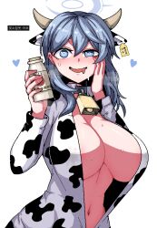1girl ako_(blue_archive) alternate_costume animal_ears animal_print bell belt_collar blue_archive blue_eyes blue_hair blush bottle breasts collar cow_ears cow_horns cow_print cowbell drooling ear_tag formicid hair_between_eyes halo hand_on_own_cheek hand_on_own_face heart horns huge_breasts jaggy_lines long_hair long_sleeves looking_at_viewer milk milk_bottle mouth_drool neck_bell open_mouth simple_background solo sweat white_background